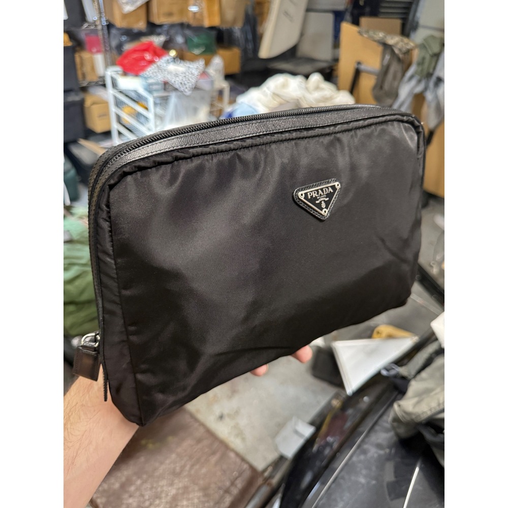 Prada Black Vela Nylon Triangle Logo Travel Pouch Cosmetic Clutch NWOT